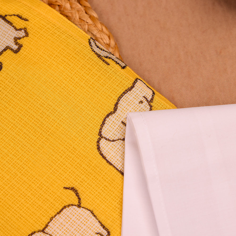 🐘 Mustard Yellow Elephant Print Shirt & White Dhoti Set