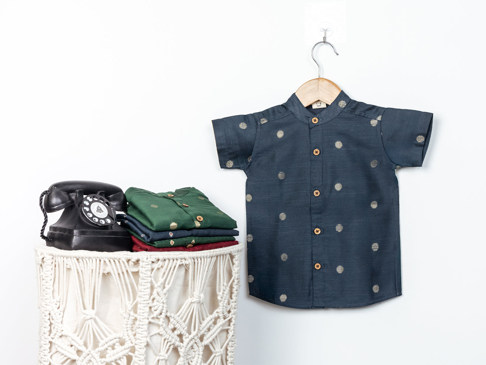 Navy Blue Raw Silk Shirt with Silver Polka Dots