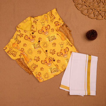 🦁 Mustard Yellow Little King Shirt & White Dhoti Set