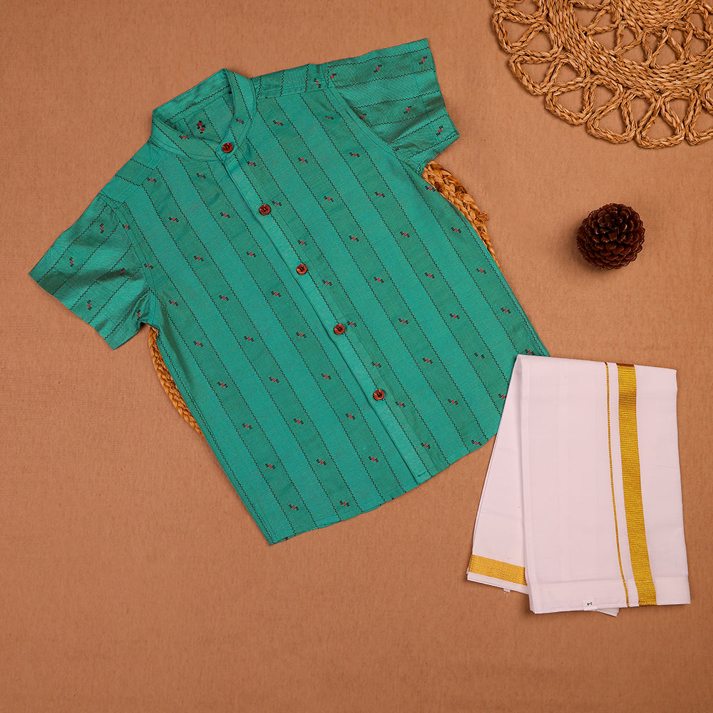 💚 Teal Green Printed Shirt & White Dhoti Set