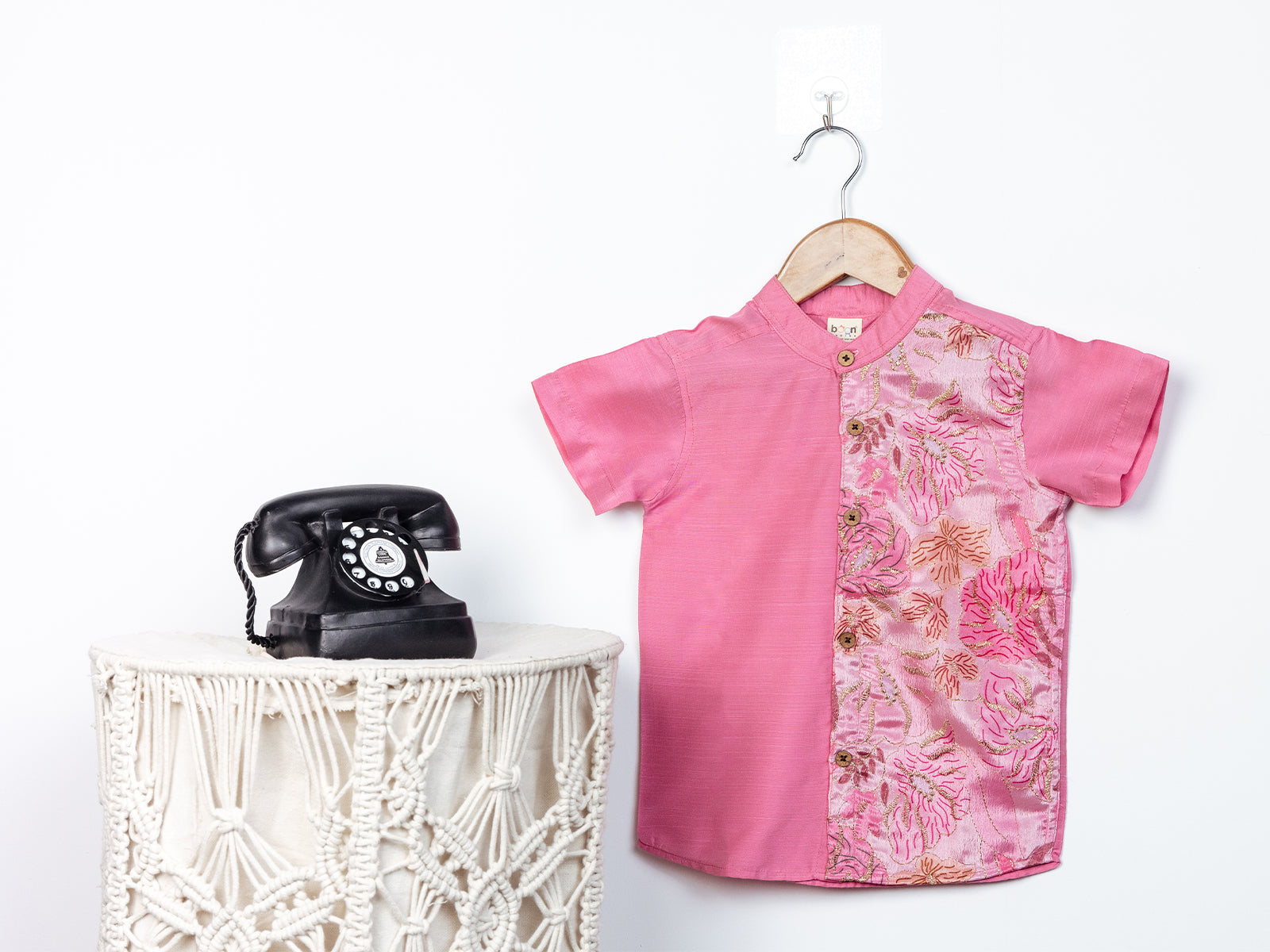 Pink Raw Silk Kurta with Brocade Panel