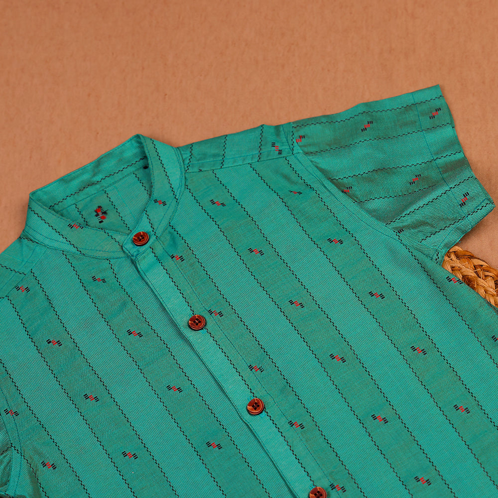 💚 Teal Green Printed Shirt & White Dhoti Set