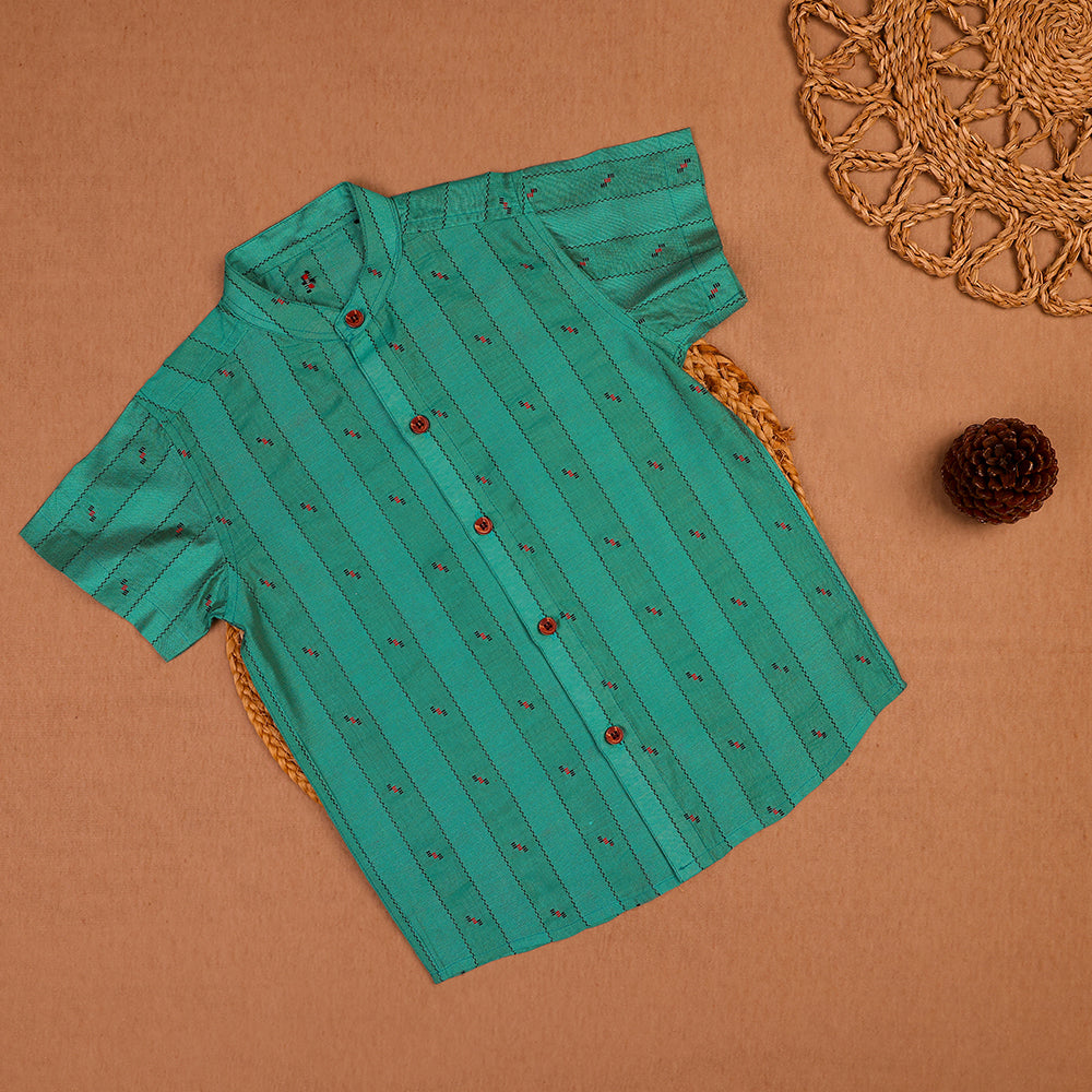 💚 Teal Green Printed Shirt & White Dhoti Set