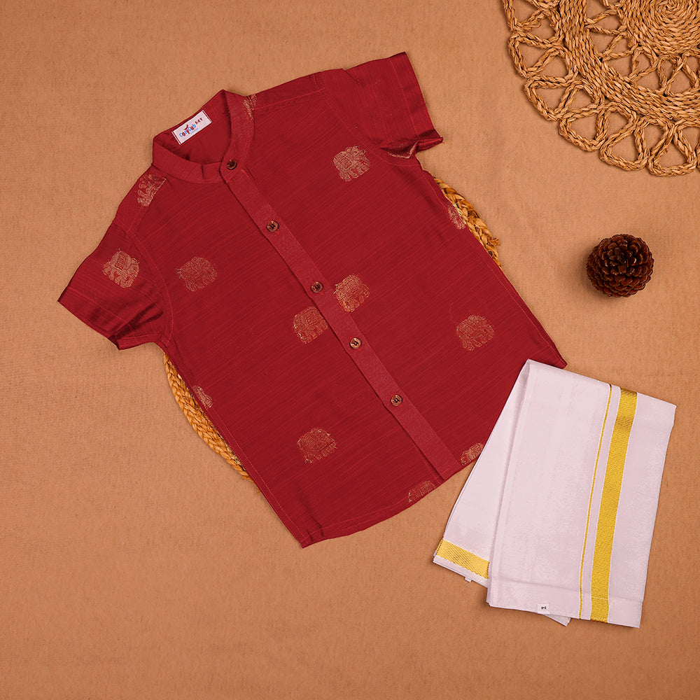 ❤️ Maroon Gold Motif Shirt & White Dhoti Set