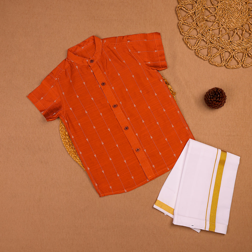 🧡 Orange Printed Shirt & White Dhoti Set