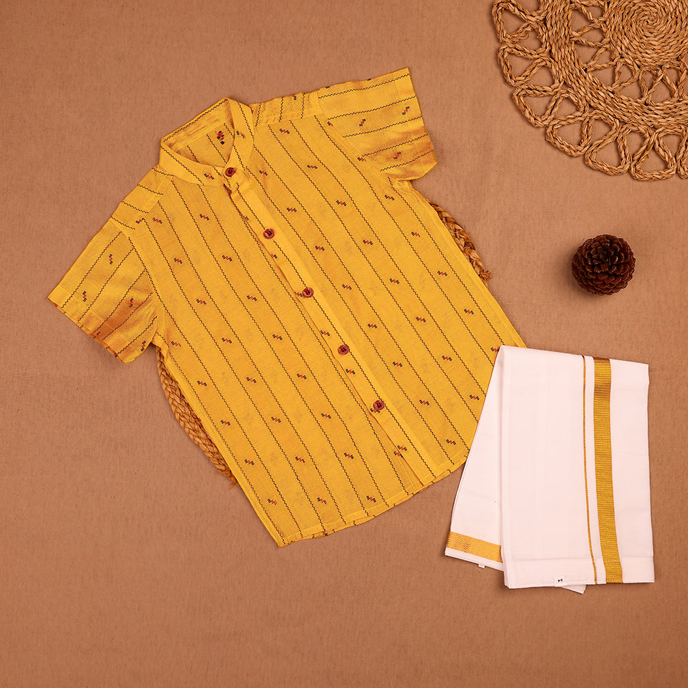 💛 Mustard Yellow Printed Shirt & White Dhoti Set