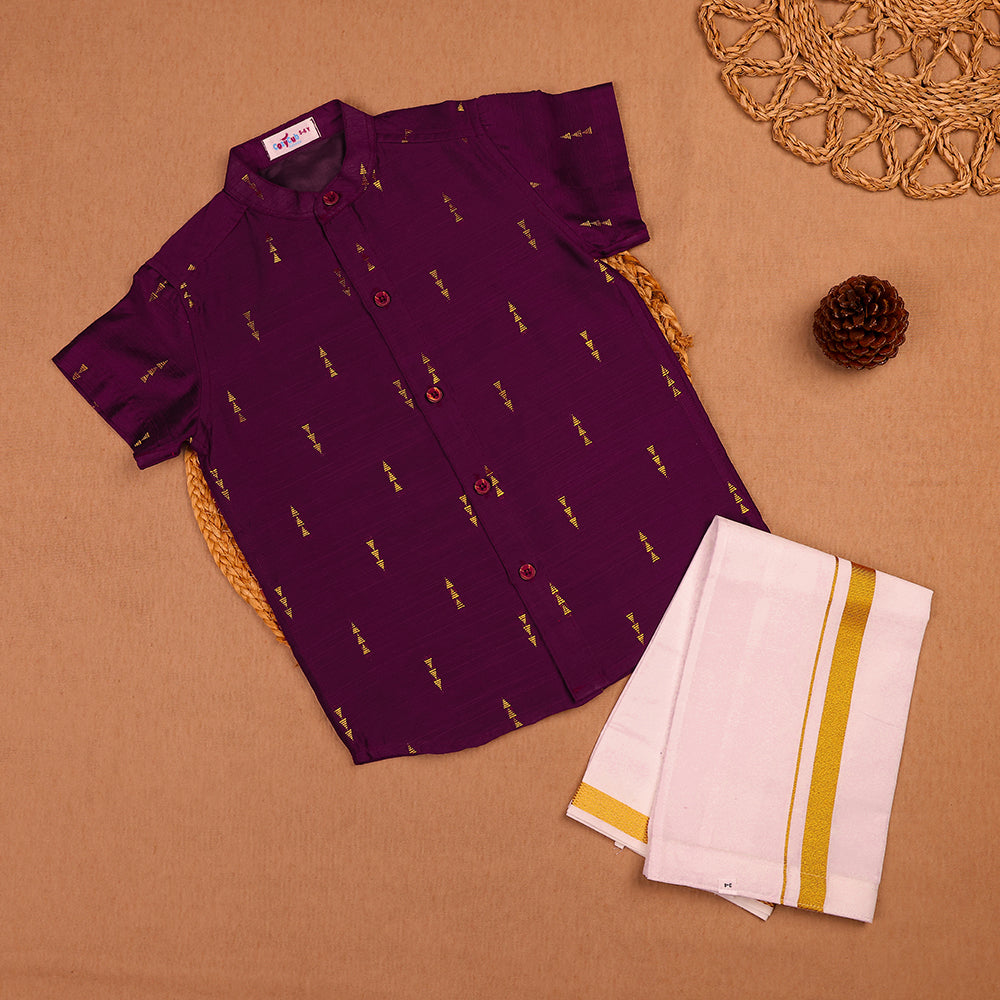 💜 Plum Purple Printed Shirt & White Dhoti Set