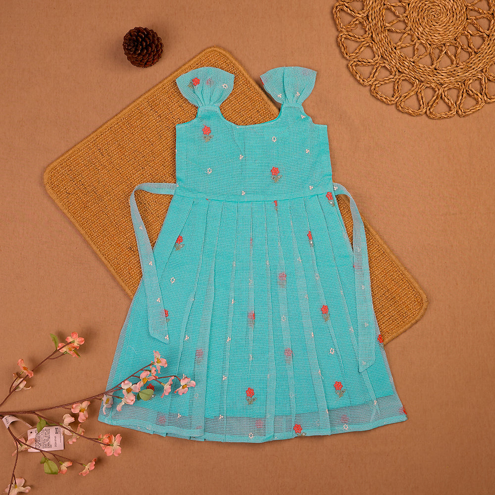 🩵 Aqua Blue Floral Kota Frock