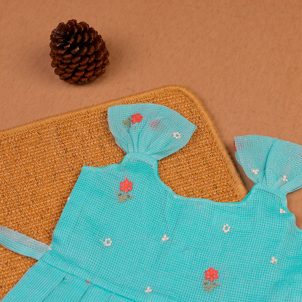 🩵 Aqua Blue Floral Kota Frock