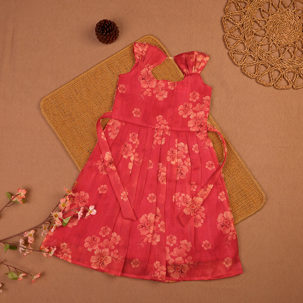 🌺 Coral Pink Floral Organza Frock