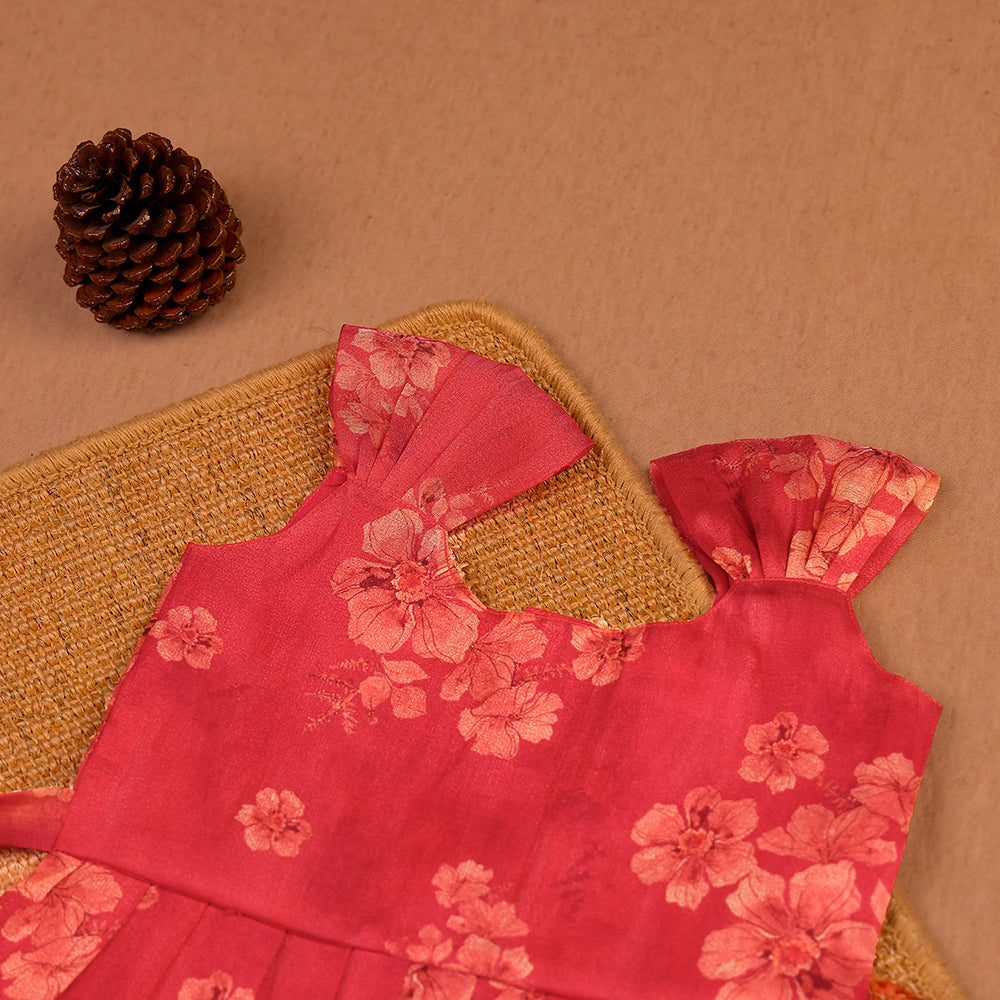 🌺 Coral Pink Floral Organza Frock