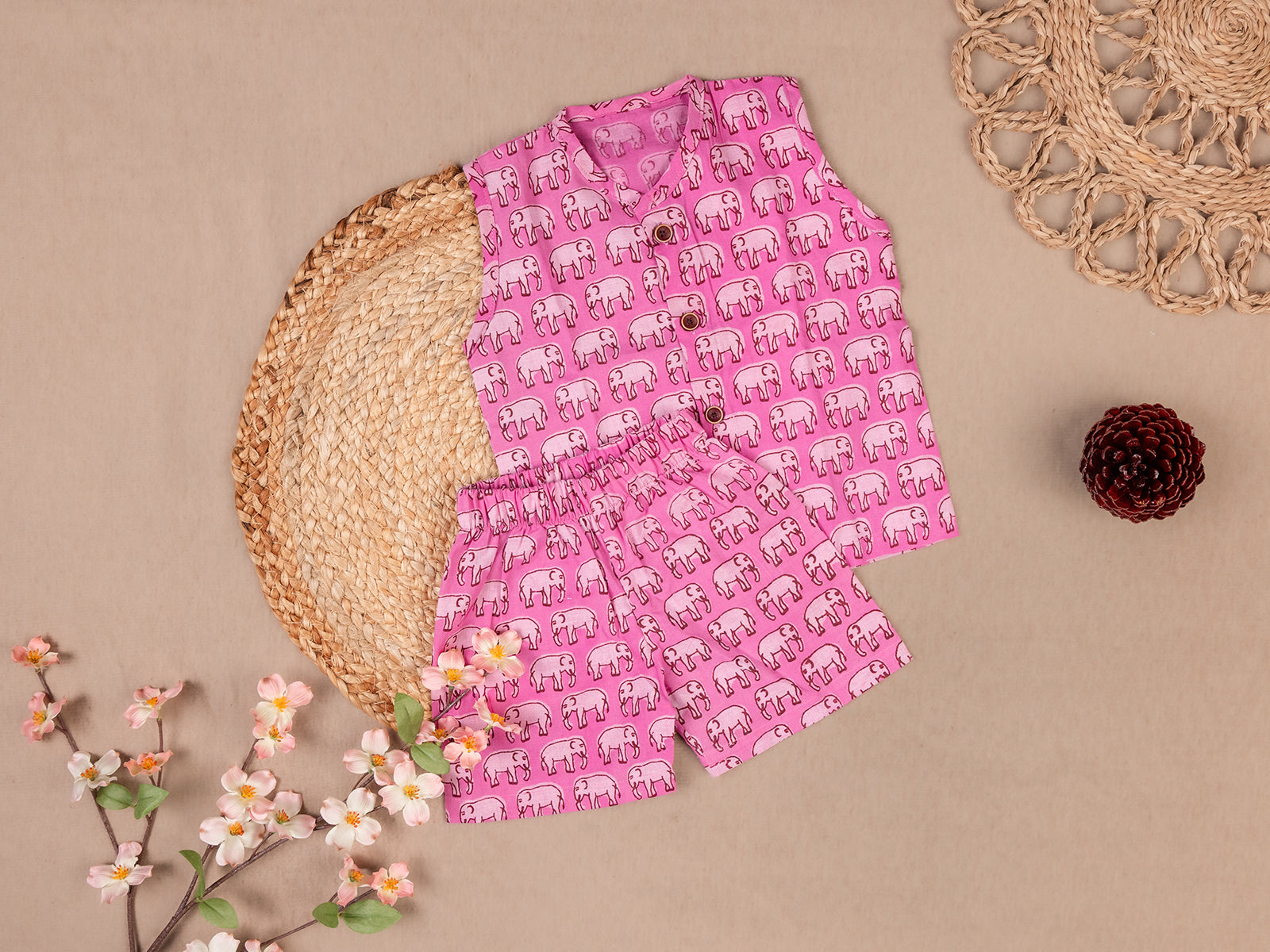 Charming Purple Elephant Print Cotton Jabla Set