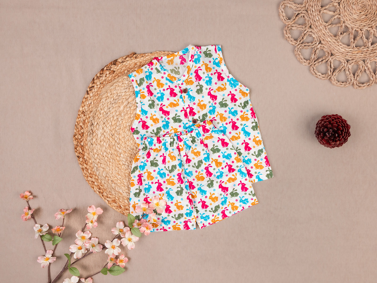 Playful Bunny Print Cotton Jabla Shorts Set