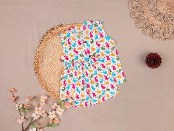 Playful Bunny Print Cotton Jabla Shorts Set