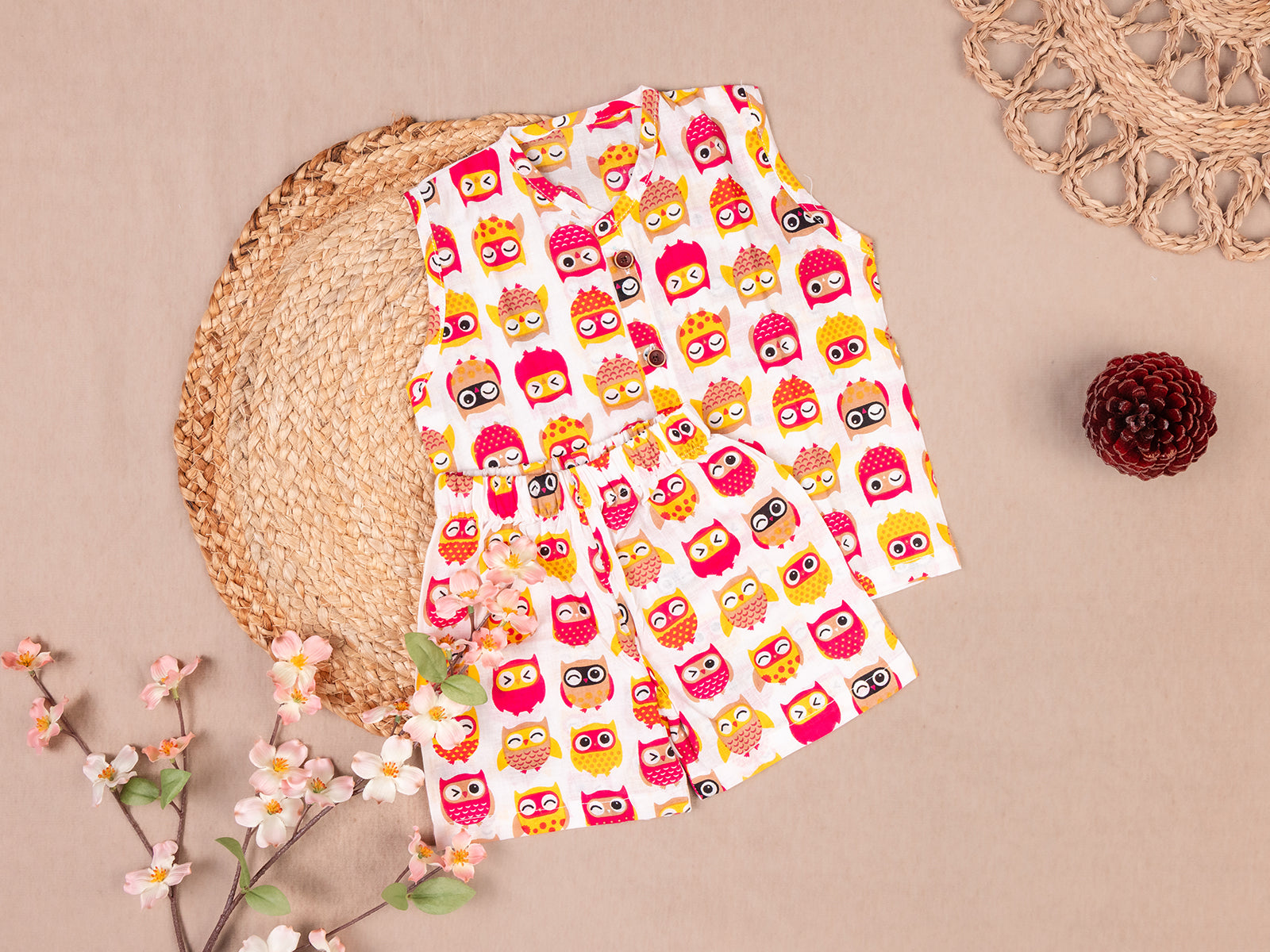 Adorable Owl Print Cotton Jabla Shorts Set