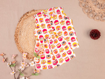 Adorable Owl Print Cotton Jabla Shorts Set
