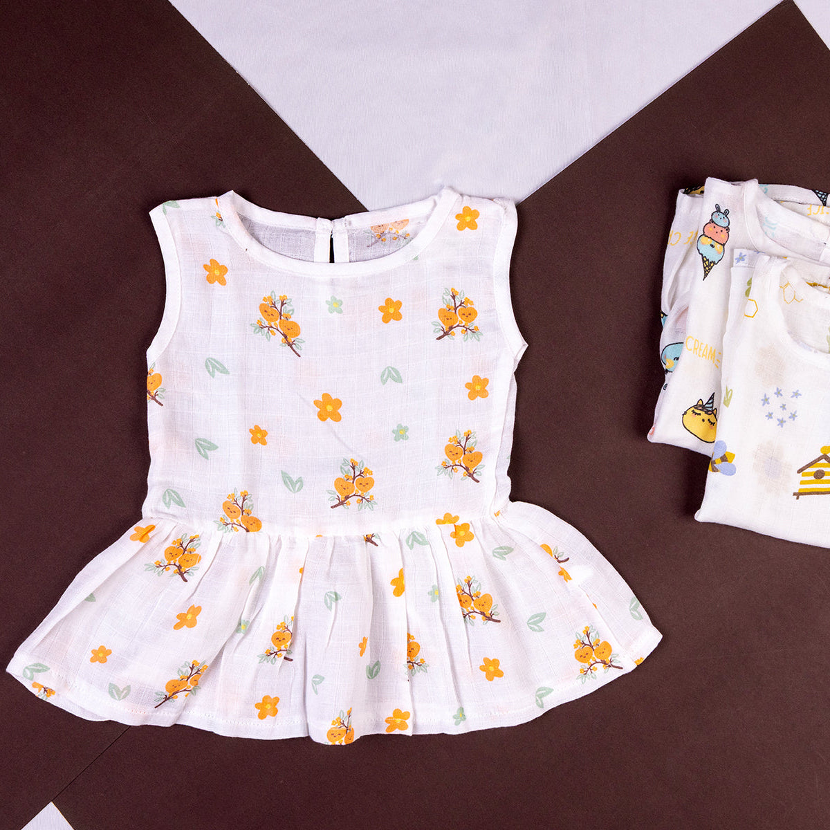 Orange Tree Sleeveless Button Frock