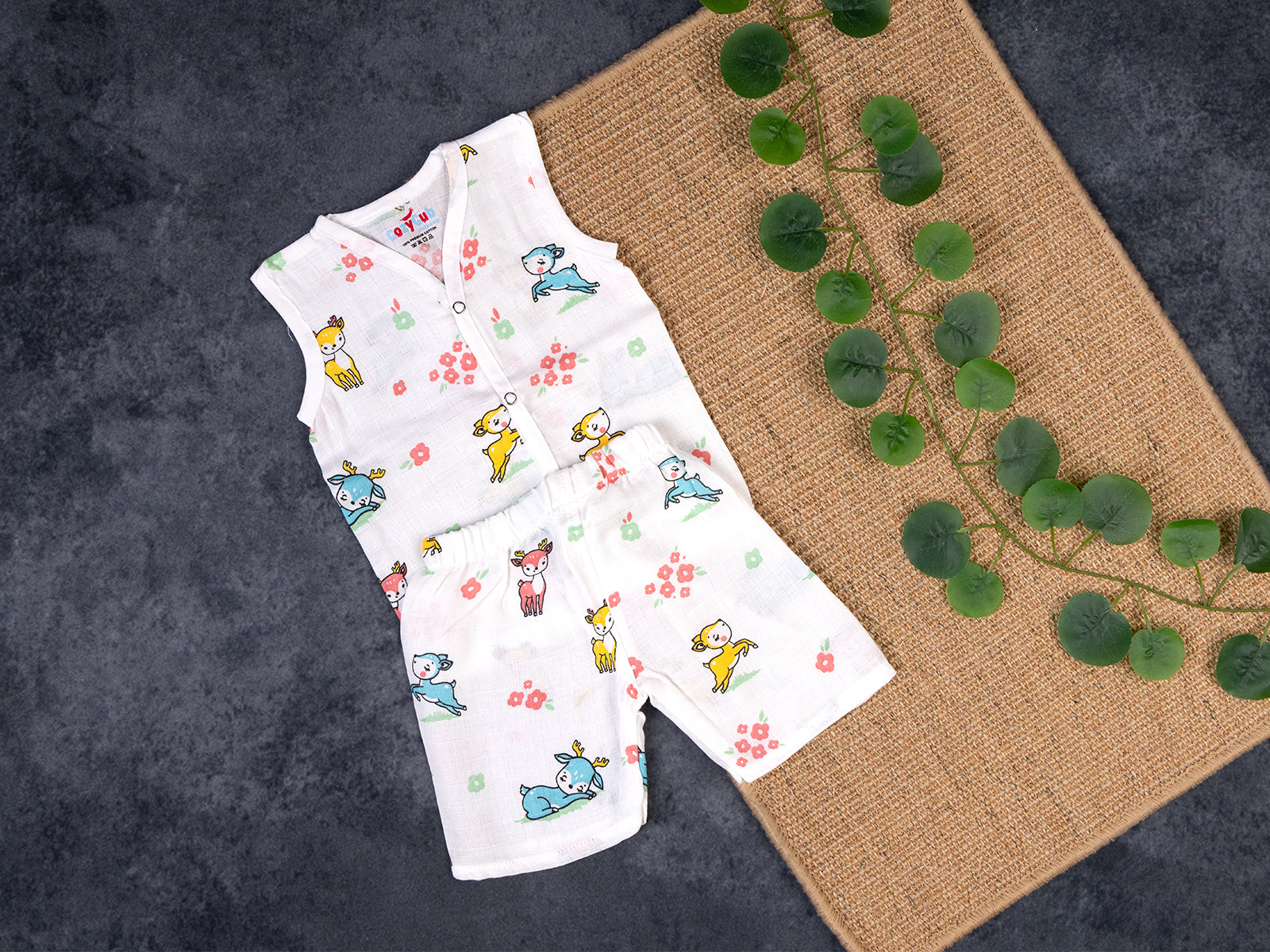 Sweet Deer & Flowers Muslin Jabla Set