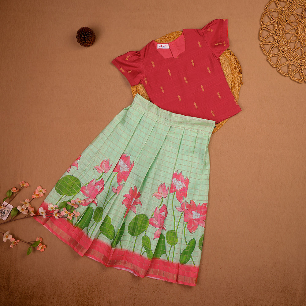 🌸 Ruby Pink Raw Silk Top & Lotus Print Skirt Set