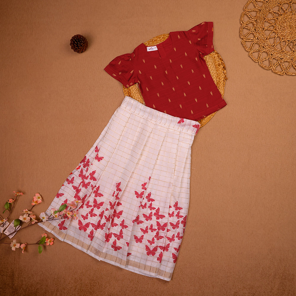 🦋 Ruby Red Raw Silk Top & Butterfly Print Skirt Set