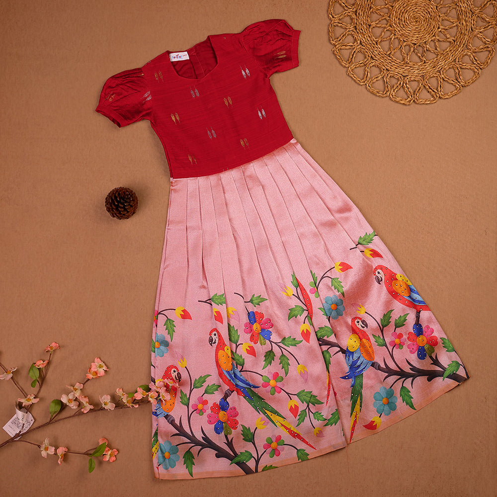 🦜 Ruby Red Raw Silk Top & Parrot Print Skirt Set