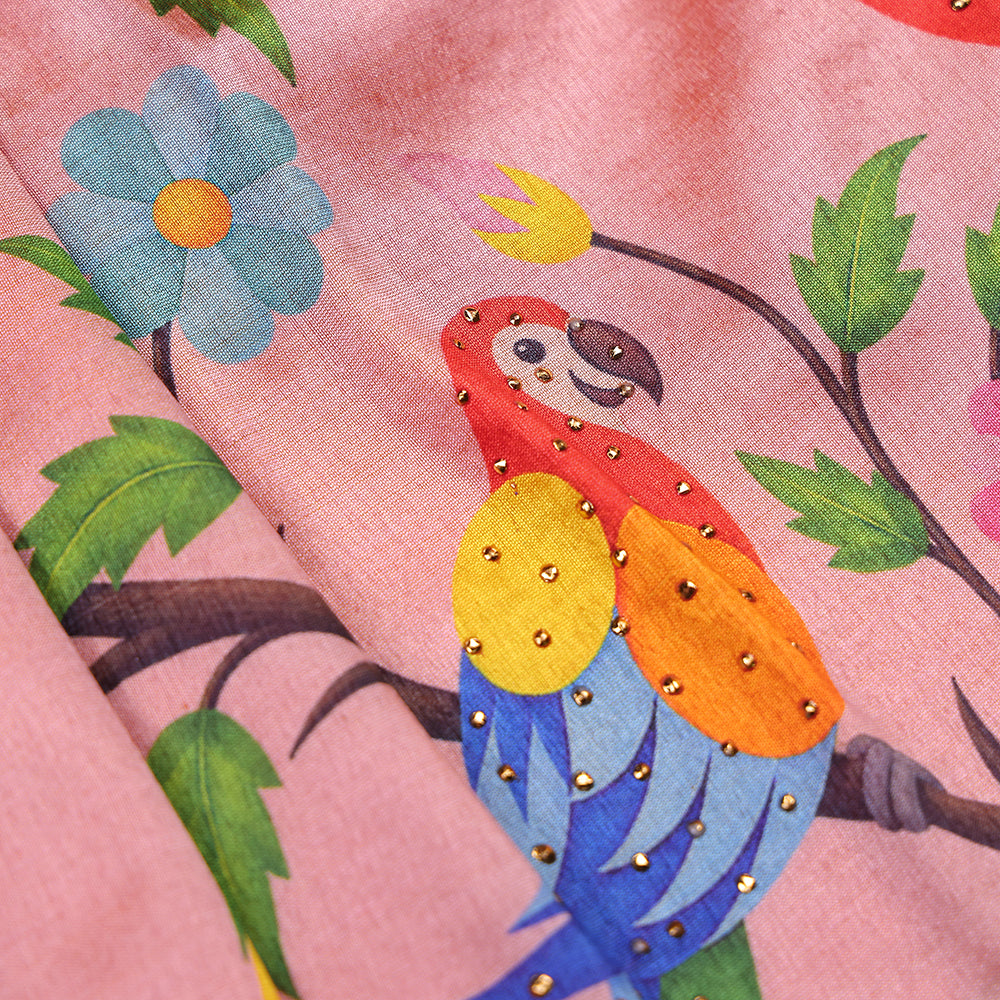 🦜 Ruby Red Raw Silk Top & Parrot Print Skirt Set