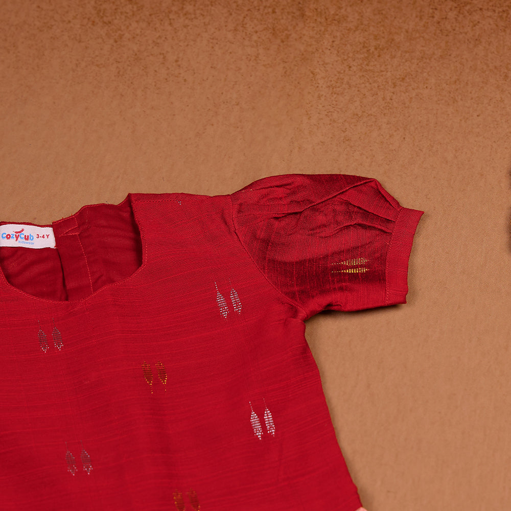 🦜 Ruby Red Raw Silk Top & Parrot Print Skirt Set