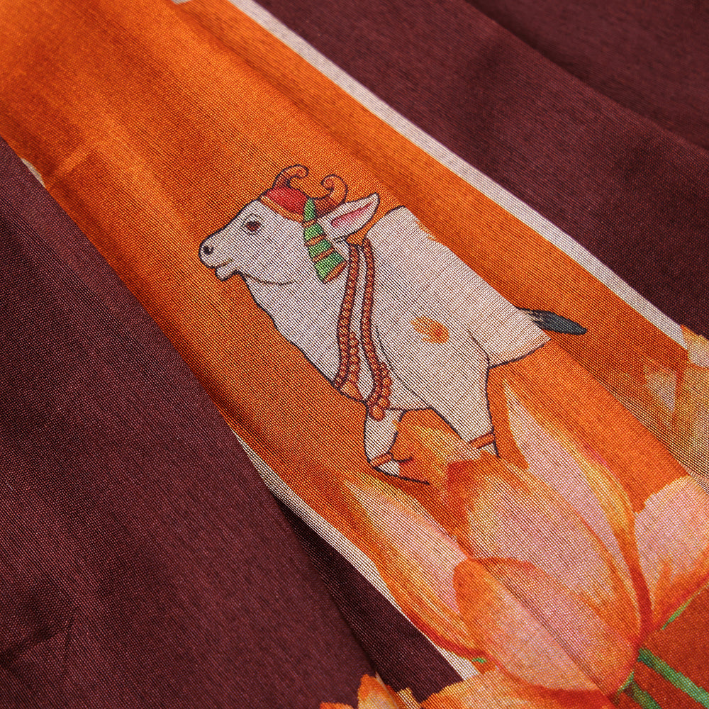 🌸 Orange Raw Silk Top & Lotus Print Skirt Set
