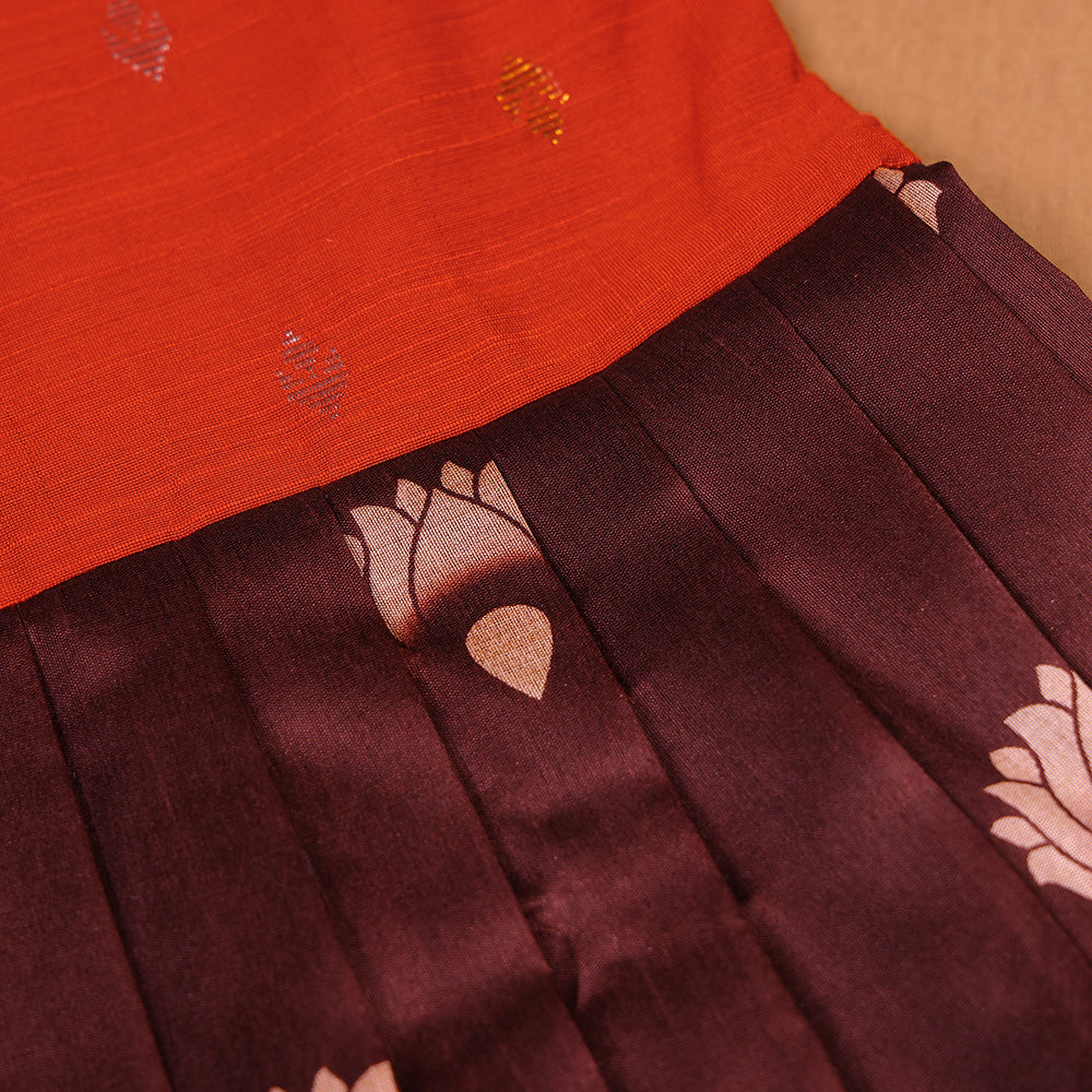 🌸 Orange Raw Silk Top & Lotus Print Skirt Set