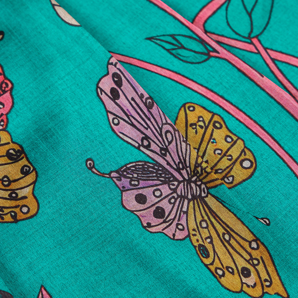 🌸 Teal Raw Silk Top & Floral Butterfly Print Skirt Set
