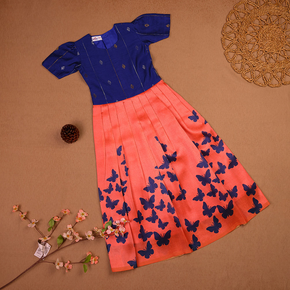 🦋 Royal Blue Raw Silk Top & Coral Butterfly Print Skirt Set