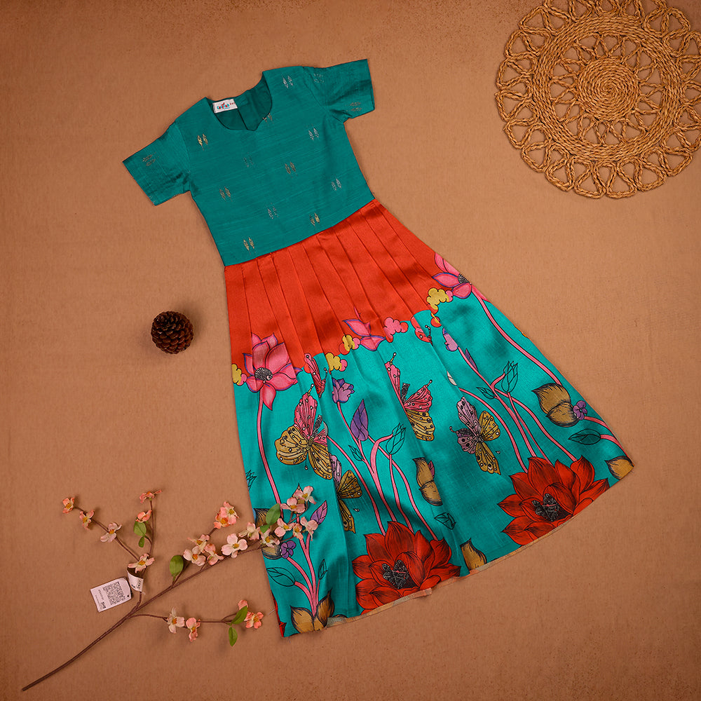 🌸 Teal Raw Silk Top & Floral Butterfly Print Skirt Set