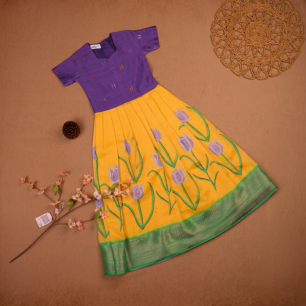 🌷 Royal Purple Raw Silk Top & Mustard Floral Print Skirt Set