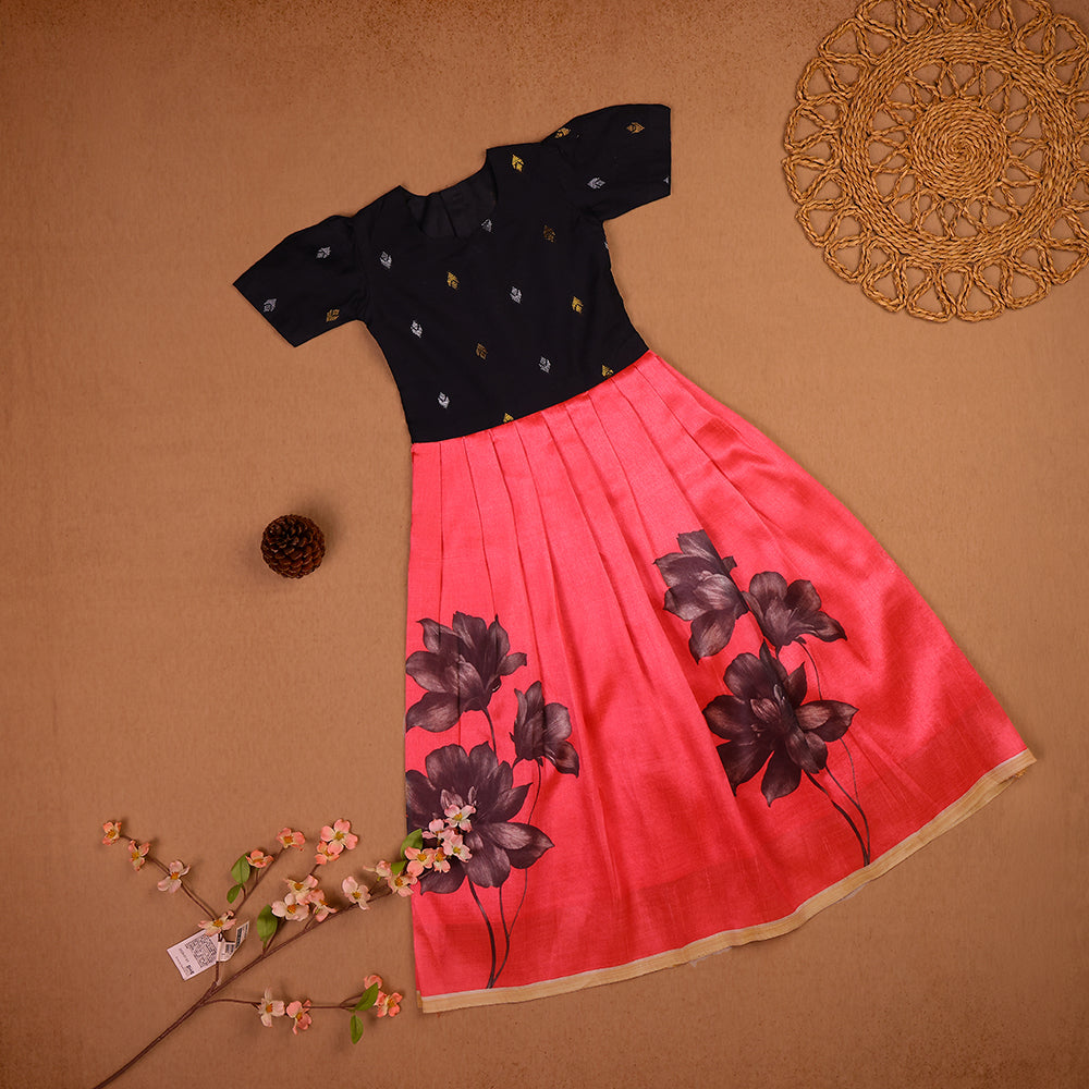 🌺 Black Raw Silk Top & Pink Floral Print Skirt Set