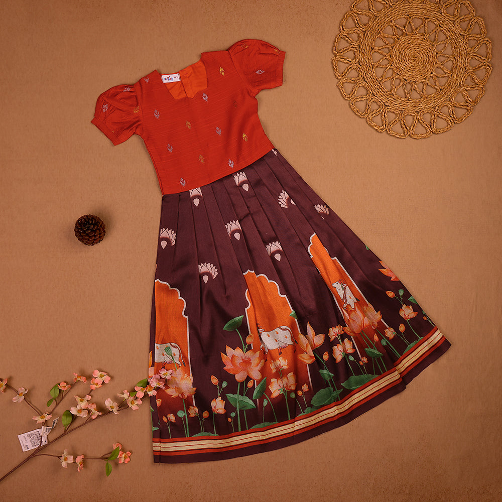 🌸 Orange Raw Silk Top & Lotus Print Skirt Set