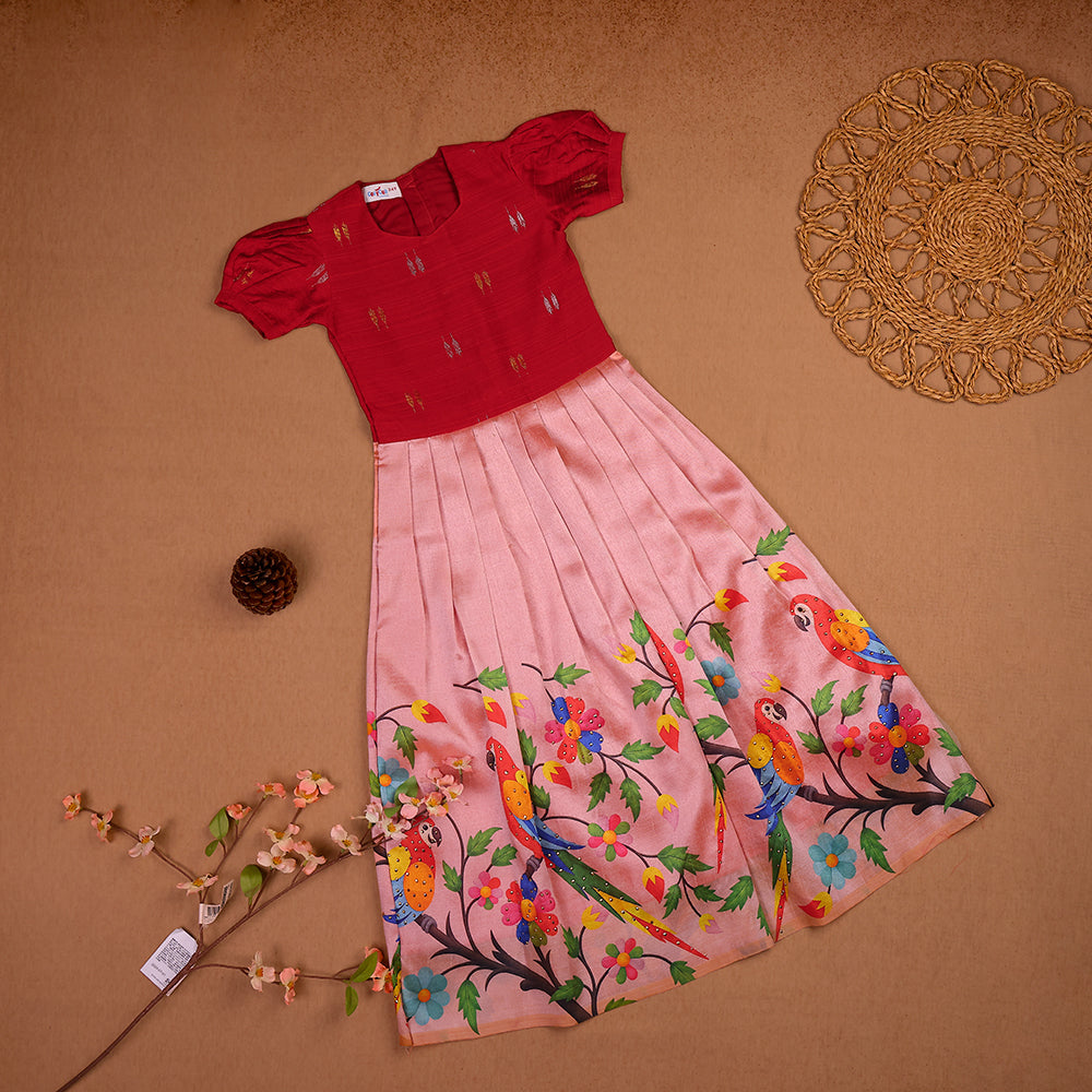 🦜 Ruby Red Raw Silk Top & Parrot Print Skirt Set