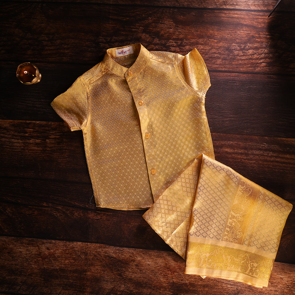 ✨ Premium Golden Art Silk Shirt & Dhoti Set