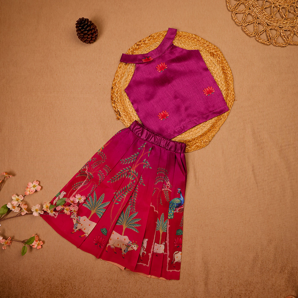 🌺 Magenta Silk Top & Printed Skirt Set