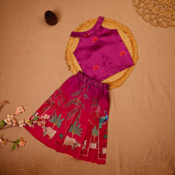 🌺 Magenta Silk Top & Printed Skirt Set