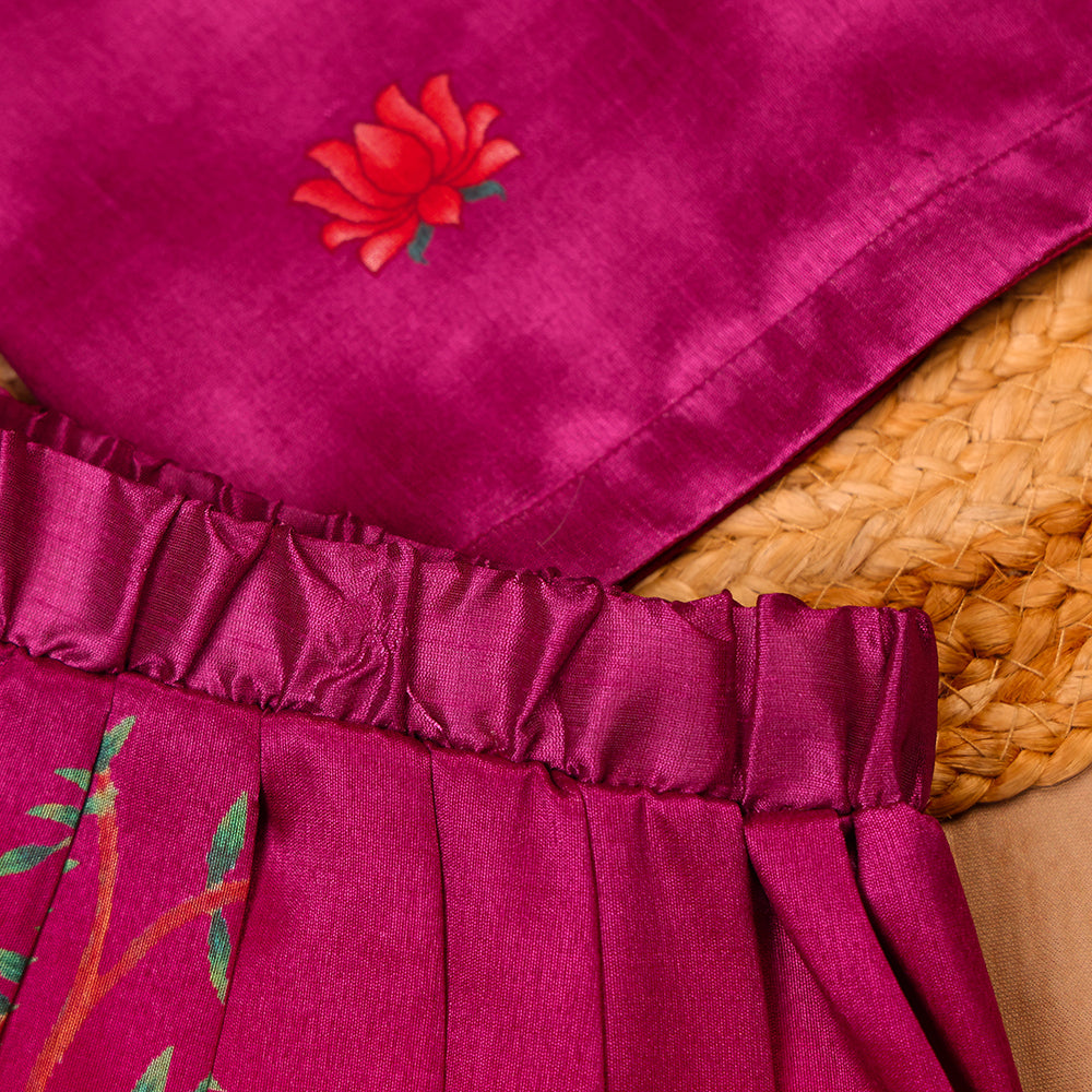 🌺 Magenta Silk Top & Printed Skirt Set