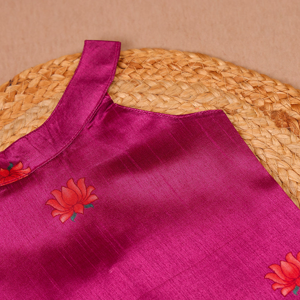 🌺 Magenta Silk Top & Printed Skirt Set