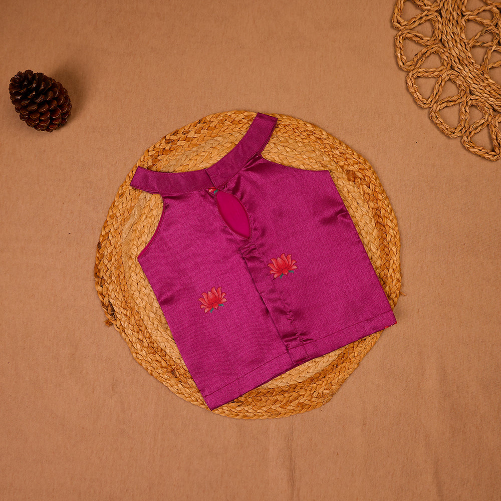 🌺 Magenta Silk Top & Printed Skirt Set