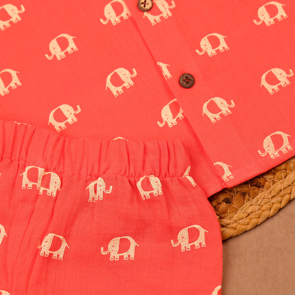 Coral Elephant Print Muslin Co-ord Set