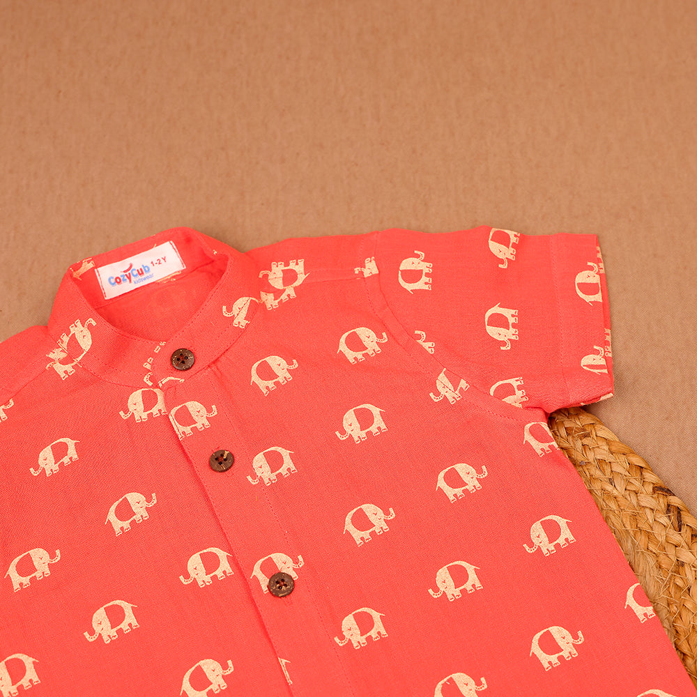 Coral Elephant Print Muslin Co-ord Set