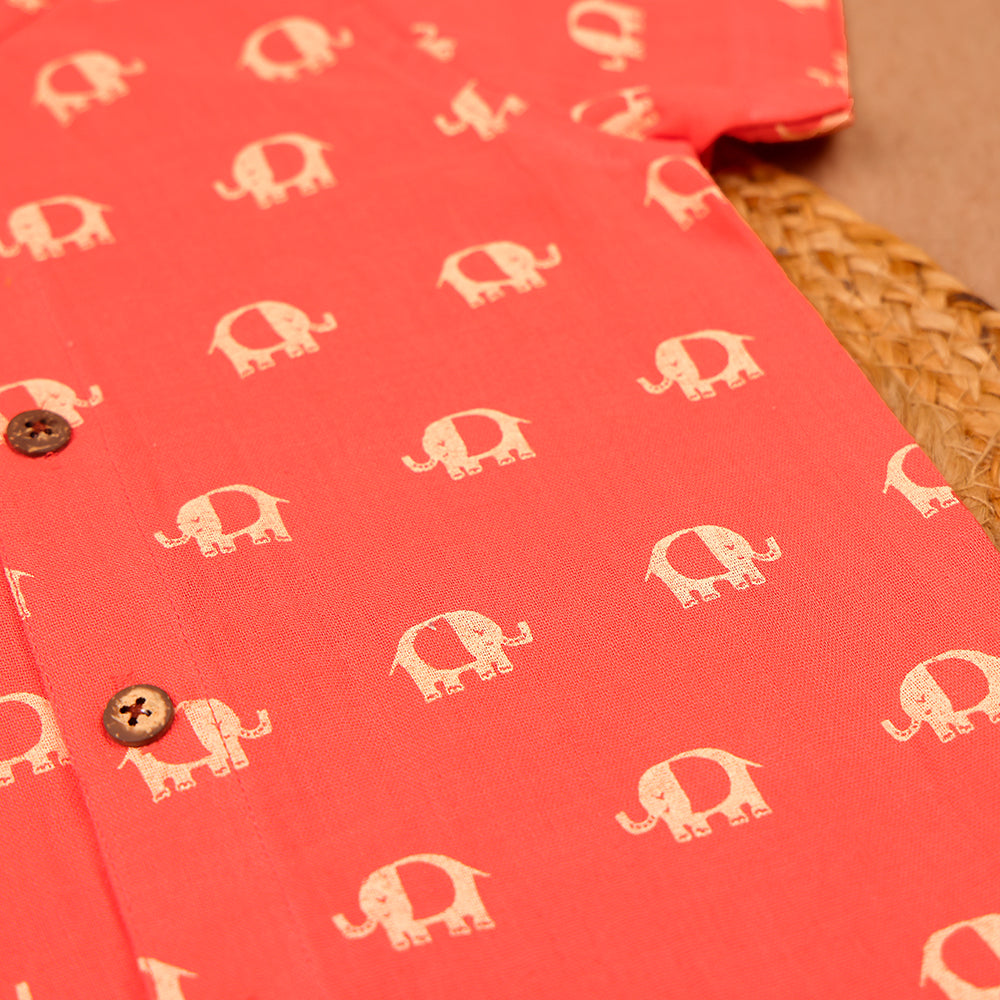 Coral Elephant Print Muslin Co-ord Set