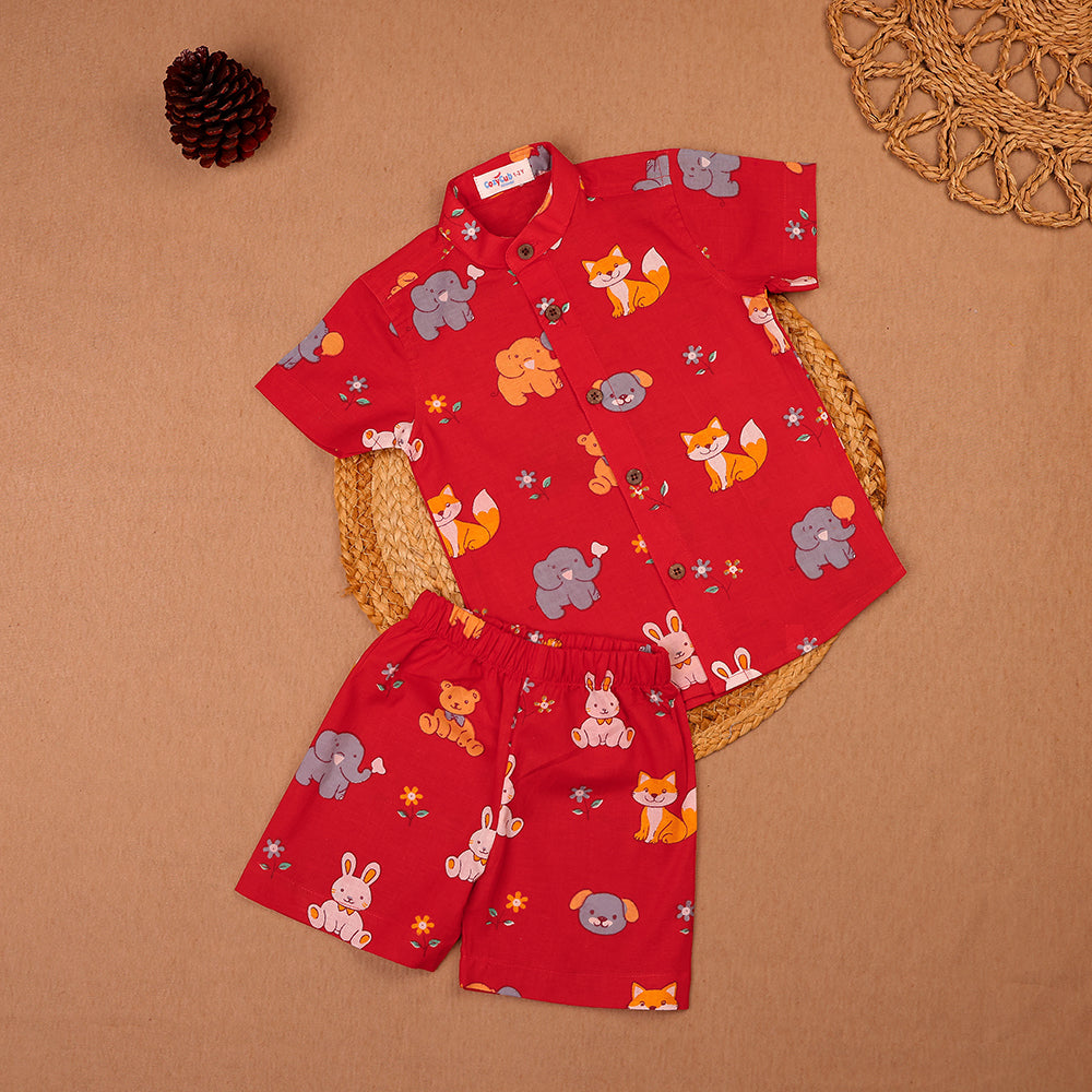 Red Woodland Animal Print Muslin Co-ord Set