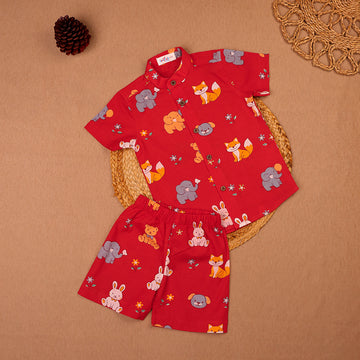 Red Woodland Animal Print Muslin Co-ord Set