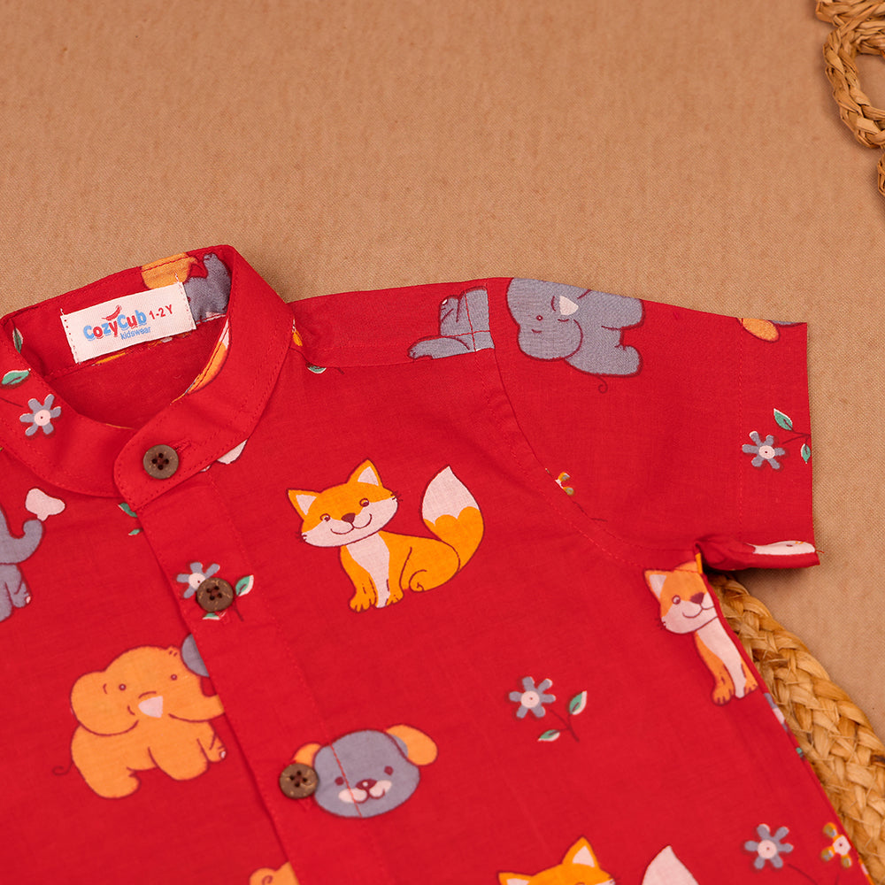 Red Woodland Animal Print Muslin Co-ord Set