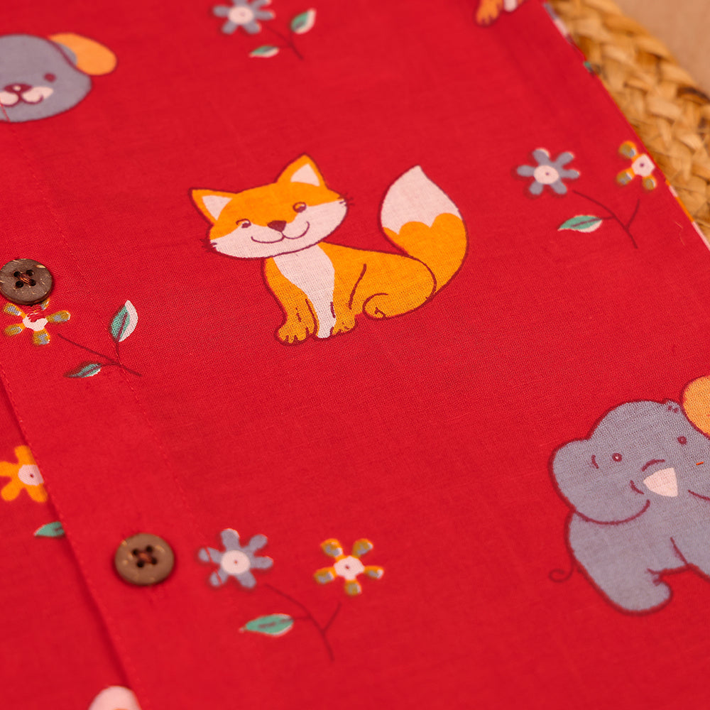 Red Woodland Animal Print Muslin Co-ord Set