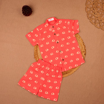 Coral Elephant Print Muslin Co-ord Set